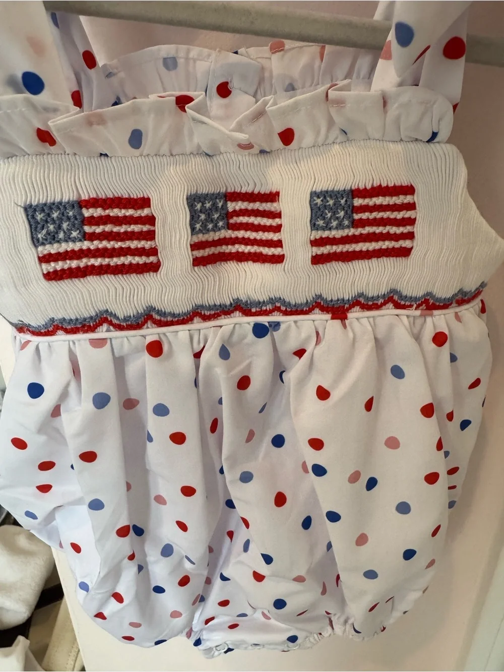 Smocked Polka Dot Baby One-Piece Romper in White with Red & Blue